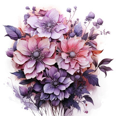 Flowers bouquet purple pink watercolor , Isolated On Transparent, PNG