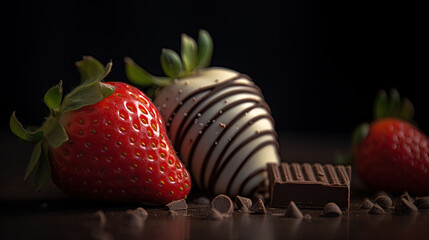 Close Up of Delicious Fresh Red Strawberry Soverte and Chocolate in Shell On Defocused Dark Background