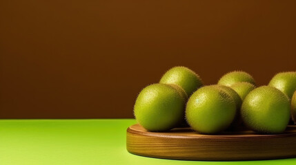 Group of Whole and Half Green Kiwi Fruits On Green Background with Copy Space Selective Focus