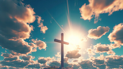 Christian Cross Appears Bright in the Blue Clloudy Sky Background - obrazy, fototapety, plakaty