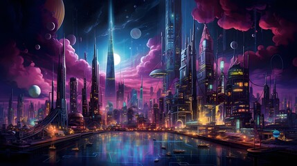 Futuristic city panorama with skyscrapers and neon lights