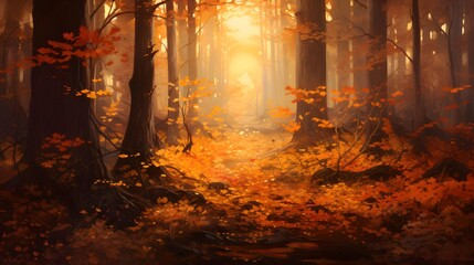 Autumn forest with fog and sun rays, panoramic view
