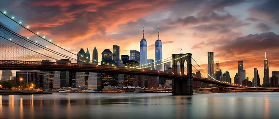 Poster Panoramic view of Brooklyn Bridge at sunset, New York City © Michelle