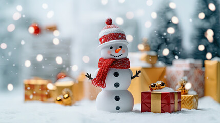Fototapeta premium Cute Snowman in His Red Outfit For Merry Christmas Greeting Background Focus on Foreground
