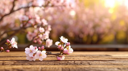 Beautiful Almond Blossom Flowers on Wooden Table Top Background Selective Focus