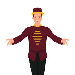 Smiling illusionist or showman. Happy excited man retro circus entertainer announces start of show. Flat vector illustration isolated on white background