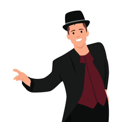 Young actor in an embroidered caftan welcomed the audience. Flat vector illustration isolated on white background