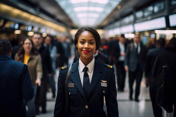 portrait of a black woman pilot at an airport in her uniform - obrazy, fototapety, plakaty
