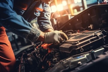 worker repairing an engine in a garage