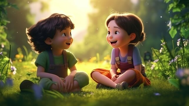 3D illustration of two cute children smiling laughing looking at each other friendship communication concept.