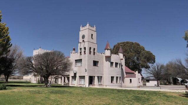 Establishing shot: Kasteel farm castle building in Loxton South Africa