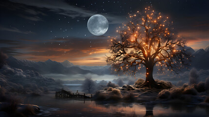 Fototapeta premium Landscape with Garland decorated tree