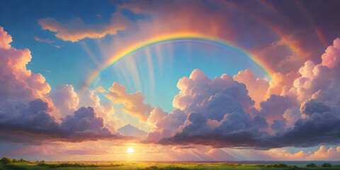 Background image about clouds, rainbow, evening sun. ai generative - obrazy, fototapety, plakaty