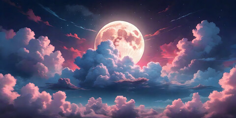 Background image about Fluffy clouds, beautiful colors and moon, modern aesthetic style. ai generative
