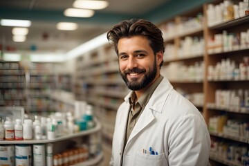 Fototapeta premium handsome short brown hair and bearded happy magister male wearing White medical coat and checking the stock of medicine on the shelves in the pharmacy. Generative Ai.