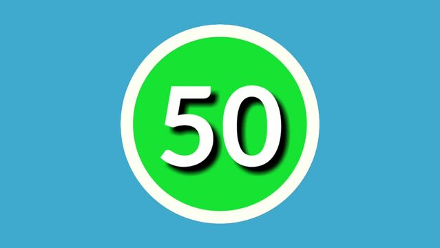 Number 50 fifty sign symbol animation motion graphics on green sphere on blue background,4k cartoon video number for video elements