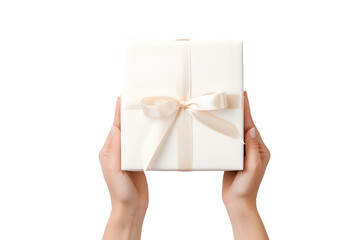 Woman hands holding white present box isolated on transparent background