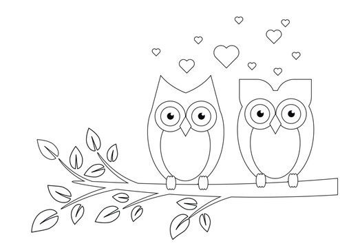 Two Loving Owls On Tree Branch Children Coloring Page. Educational material for a child vector art