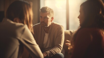 Psychologist talking to stressed patient at psychotherapy session. Mental health and depression concept. - obrazy, fototapety, plakaty
