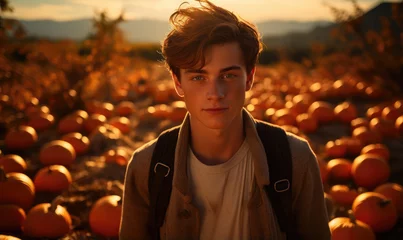 Fotobehang Portrait of teen boy at the autumn pumpkin patch background, lokiing at camera. © DenisNata