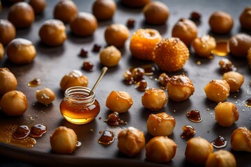  the irresistible sight of loukoumades, Greek honey puffs, covered in a generous drizzle of golden honey - obrazy, fototapety, plakaty