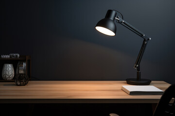 A desk lamp is on a table in front of a black wall, AI - Powered by Adobe