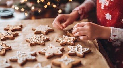 Merry Christmas and Happy Holidays - Children's hands making decorating sugar frosting Christmas cookies on wooden table, Festive homemade decorated sweets, generative ai