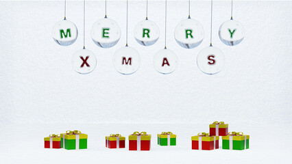 3d illustration, Merry Xmas letters inside the greeting crystal ball and gift boxs on snow background.