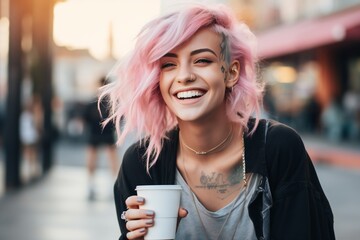 beautiful smiling pink haired tattooed trans woman drinking coffee in the city - obrazy, fototapety, plakaty