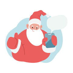 Modern flat vector illustration of cheerful Santa Claus, showing smartphone with message bubble template, showing thumbs up gesture, wearing red clothes