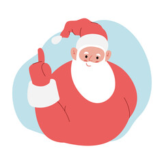 Modern flat vector illustration of cheerful Santa Claus, point up index finger, wearing red clothes