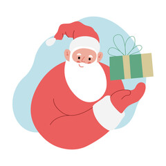 Modern flat vector illustration of cheerful Santa Claus, showing gesture on gift box, wearing red clothes