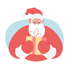 Modern flat vector illustration of cheerful Santa Claus, holding gift box with both hands, wearing red clothes