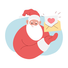 Modern flat vector illustration of cheerful Santa Claus, showing gesture on open envelop with paper sheet and heart on it, wearing red clothes
