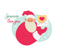 Modern flat vector illustration of cheerful Santa Claus, showing gesture on open envelop with paper sheet and heart on it, wearing red clothes, text Someone love you on xmas background 