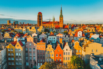 A magical image of Gdańsk at sunset. Urban landscape. Beautiful Main Town with old tenement houses.