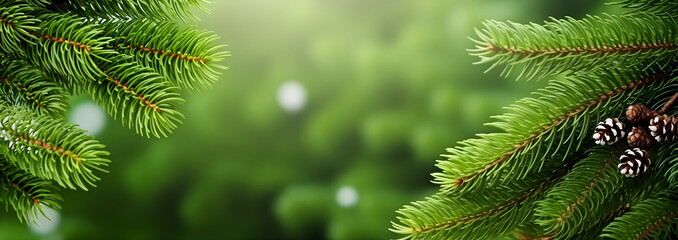 Close-up of vibrant green spruce branches with pinecones, set against a soft-focused verdant backdrop, christmas banner with space for text.