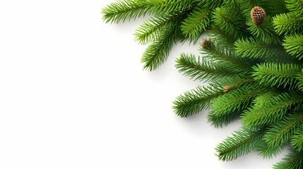 Close-up of vibrant green spruce branches with pinecones, set against a soft-focused verdant backdrop, christmas banner with space for text.