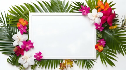 Elegant white rectangular frame adorned with green palm leaves and tropical flowers, simple eco design