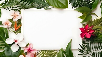Elegant white rectangular frame adorned with green palm leaves and tropical flowers, simple eco design