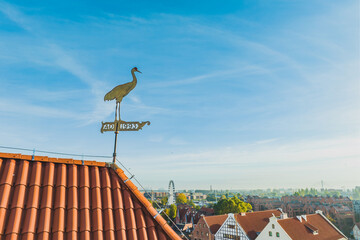 A crane on a large crane in Gdańsk near the Motława River.