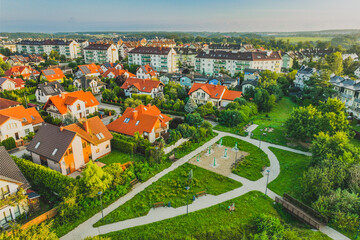 Gdańsk's Kokoszki district seen from a drone in the morning.
