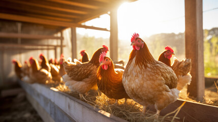 Poultry farm. Chickens on a farm in a pen. Organic breeding of broiler chickens. Agriculture concept.