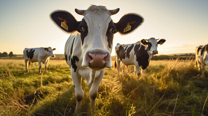 Dairy cows graze on a green grass meadow. The cow looks at the camera. Agriculture.