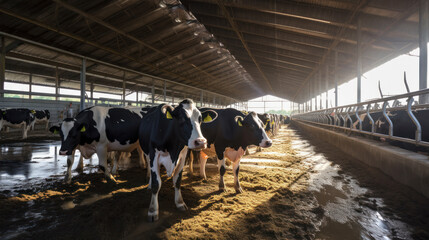 Modern farm barn with healthy dairy cows. Farming business concept, caring for livestock.