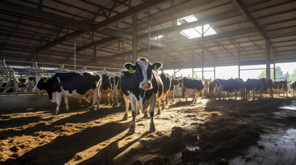 Modern farm barn with healthy dairy cows. Farming business concept, caring for livestock. - obrazy, fototapety, plakaty