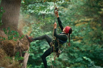 View from the side, hanging on the rope. Woman is doing climbing in the forest by the use of safety...