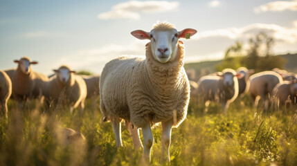 Domestic sheep graze in the meadow. Livestock on range. A flock of sheep. Farm concept.
