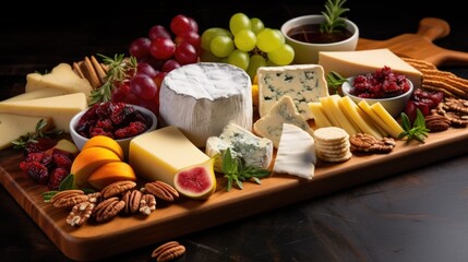 A wooden serving board with cheese, nuts, grapes and other food, AI