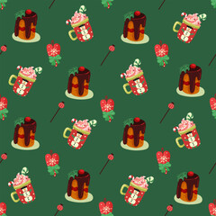 Christmas and Happy New Year seamless pattern with Christmas toys, gifts and sweets. Trendy retro style. Vector design template.